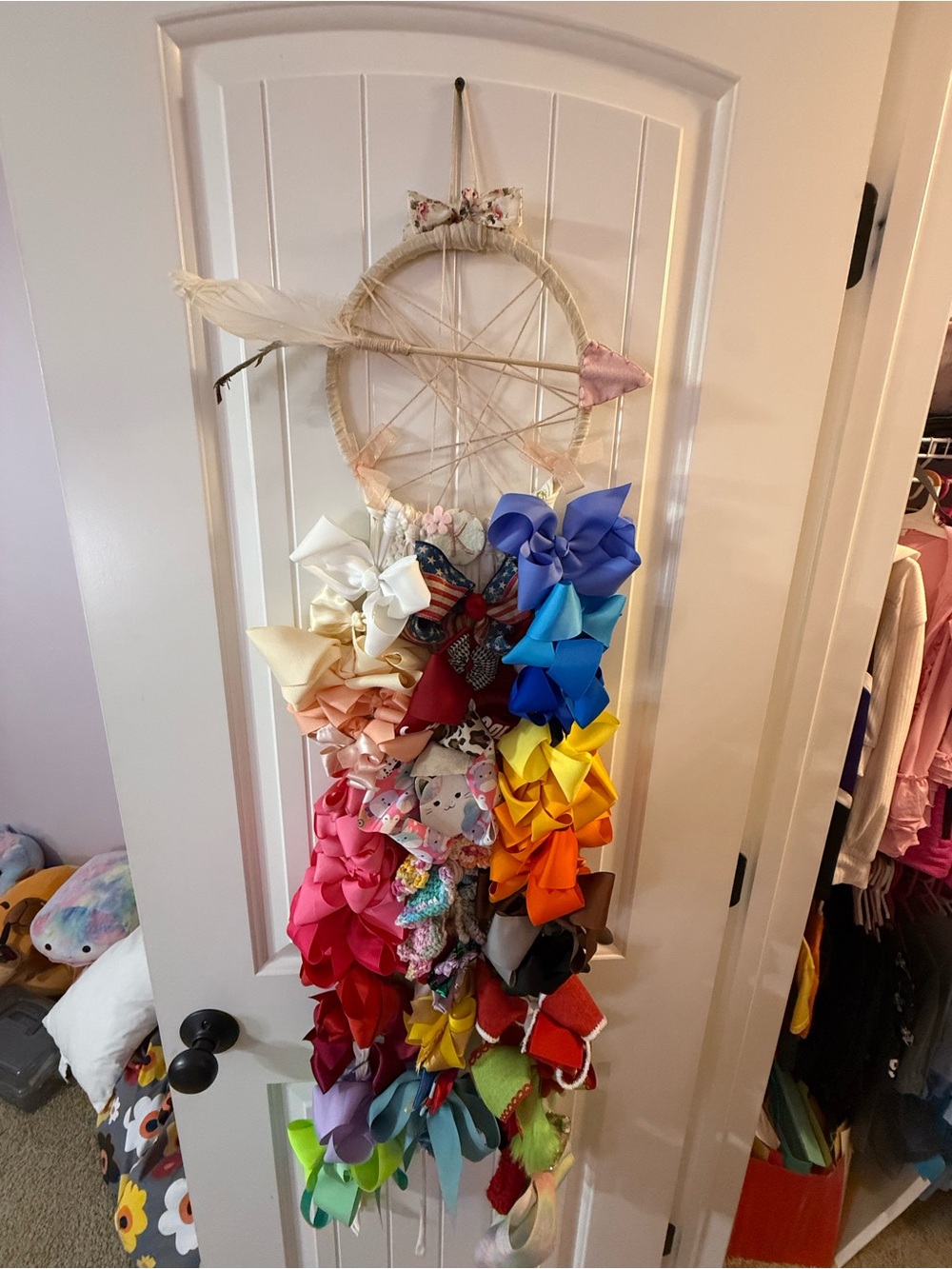 Handmade Multicolor Kids Hair Bow Holder and Organizer with bows.